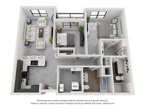 A 3D floor plan of a house with a kitchen, living room, and bedrooms.